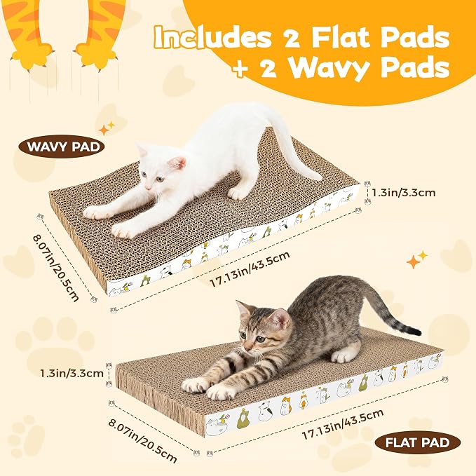 PatiencET Cat Scratcher Cardboard Pads, 4-Pack Mixed Flat and Wavy | Flat and Curved Profiles, Four-Piece Variety, Stretching and Lounging, Catnips Included - Image 2