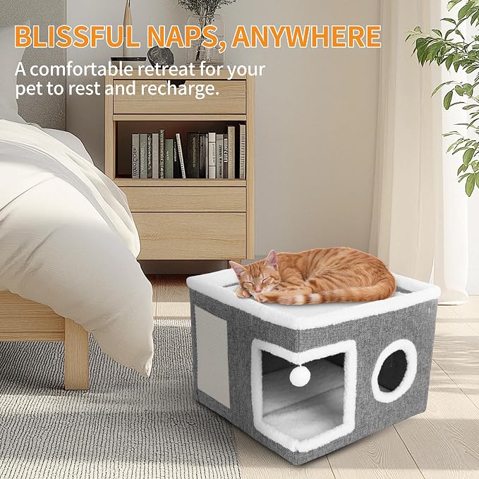 Cat Beds for Indoor Cats, Large Cat Cave with Fluffy Ball and Scratch Pad, Foldable Cat Scratch House with Hideaway Condo for Kitten, Grey - Image 4