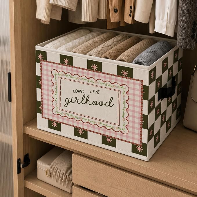 Girls Nursery Storage Bins Box, Sweet Positive Collapsible Organizer Basket | affirmative cheerful storage box basket for books clothes, pink gingham organizer for nursery bedroom playroom, 10x14 in - Image 6