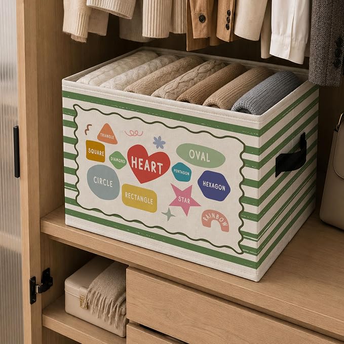 Shape Educational Storage Bins Box, Colorful Collapsible Organizer Basket | fun toddler learning storage box basket for books clothes, green striped organizer for nursery bedroom playroom, 10x14 in - Image 6