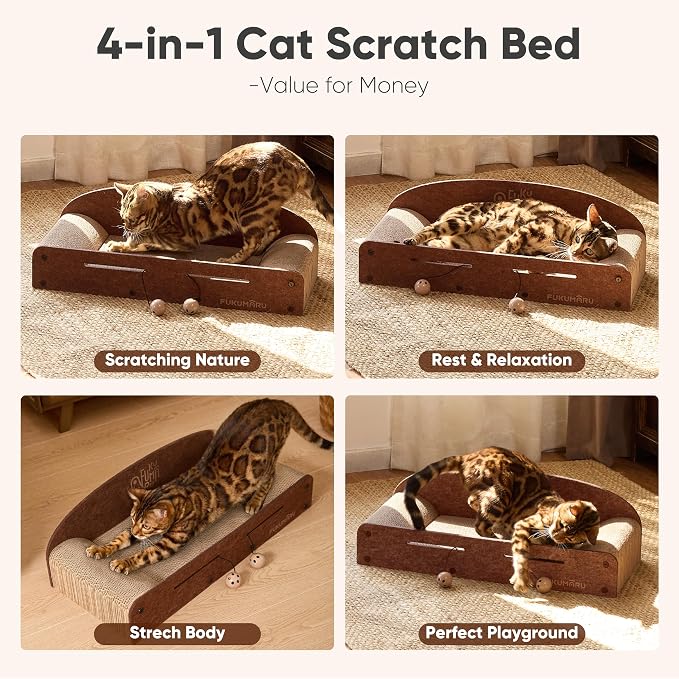 FUKUMARU Large Cat Scratcher Bed, 26 Inch Cat Scratching Bed Sofa Indoor | Cardboard Cat Scratcher with 2 Reversible Scratch Pad Refills, Durable Large Cat Scratching Lounger with Ball Toy, Caramel - Image 2