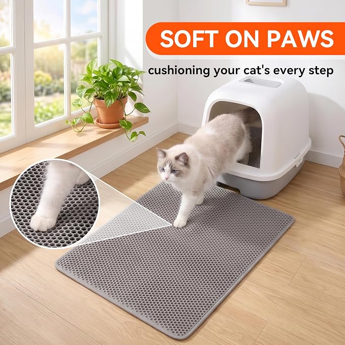 Cat Litter Mat, Double Layer Litter Trapping Mat, Gray (24" x 15") | Waterproof cat mat for litter box. Washable EVA kitty litter mat & scatter control honeycomb litter box mat - Image 4
