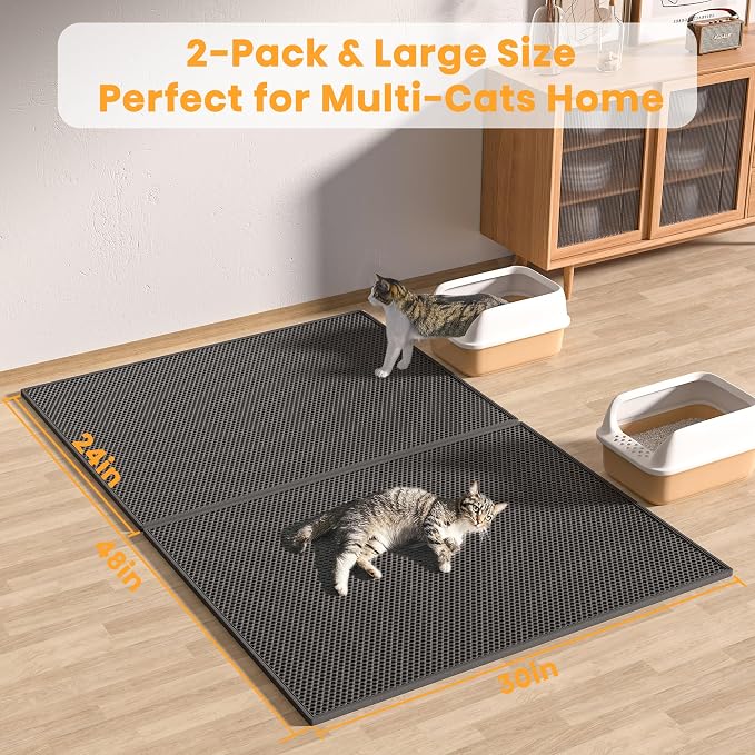 Pieviev Double Layer Cat Litter Mat Traps Scattered Litter 30''x24'' 2 Pack | Waterproof Urine Resistant Layer Litter Box Mat, Easy Collection, Soft on Kitty Paws, Black Color for Indoor Cats - Image 6