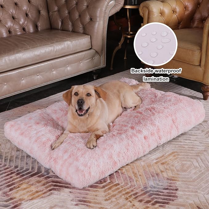 Bedfolks Waterproof Dog Crate Bed with Removable Washable Cover, Plush Faux Fur Pad, Extra Large, Fluffy Kennel Bed, 41"x27", Pink - Image 2