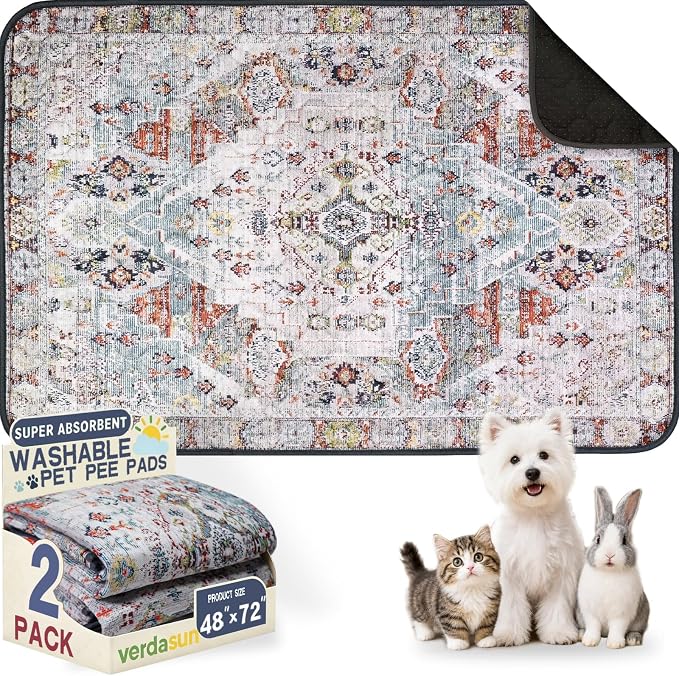 Washable Pee Pads for Dogs, Reusable Puppy Potty Training Pads, Ultra-Absorbent Thick Waterproof Leak-Proof Non-Slip Pads & Mat for Crate, Playpen, Floor, Whelping & Housebreaking , 2 Pack 48"x72" by Verdasun