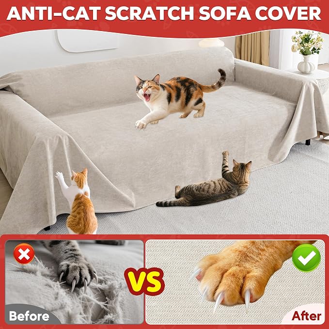 Loiion Cat Scratch Proof Furniture Protector Waterproof Sofa Cover 150"x71" | Pet-Friendly Couch Protector, Anti-Scratch & Anti-Slip Sofa Cover For Cats Dogs Kids, Machine Washable - Image 5