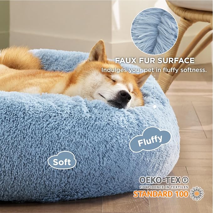 Bedsure Calming Dog Bed Medium Size Dog Donut Washable Pet Bed,30ins | Fluffy Faux Fur Round Cuddler,Machine Washable,Anti-Slip Bottom,Anti-Anxiety,Deep Sleeping for Pets Up to 45 Lbs,Light Blue - Image 2