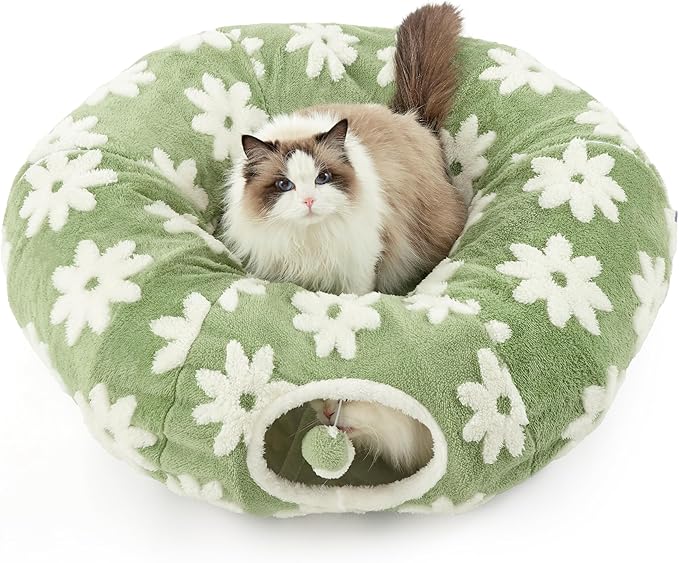 Lesure Donut Cute Jacquard Cat Tunnel Bed Kitten Toys for Puppy Bunny | 33.5x33.5x10in,Round Cat Bed Tube for Indoor Cats Rabbit Dog,Pet Peekaboo Cave Toy,Spiral Hideaway,Washable Cushion,Green by Lesure