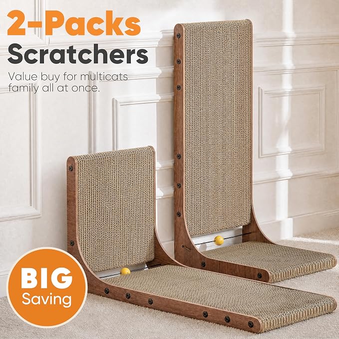FUKUMARU Cat Scratcher 2 Packs, 25 Inch Cat Scratching Boards, L Shaped Pad | Cardboard Cat Scratcher for Indoor Cats, Vertical Scartch Pads with Ball Toy, Kitten Scratching Post Wall, Walnut Color - Image 2