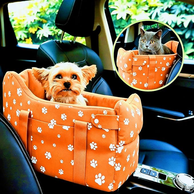 Center Console Dog Car Seat Safe Travel for Small Dogs Under 15 lbs Detachable Washable Pet Carrier with Storage Pockets & Safety Leash (Orange) by HANMEIANINC