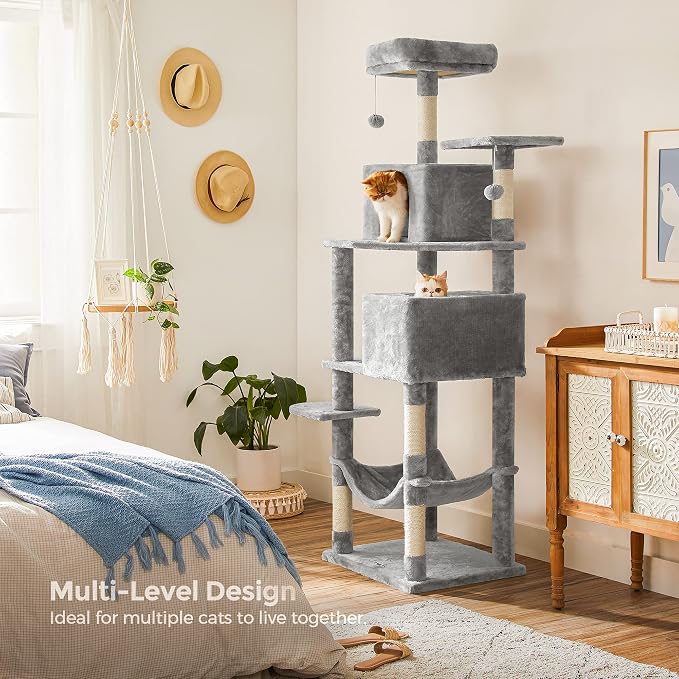 Feandrea Cat Tree, 73.2-Inch Cat Tower, Multi-Level Condo, Light Gray | with 5 Scratching Posts, 2 Perches, 2 Caves, Hammock, 2 Pompoms for Indoor Cats, Easy to Assemble, UPCT191W01 - Image 3