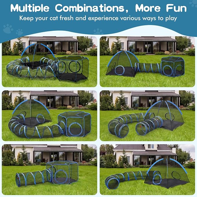 4-in-1 Outdoor Cat Enclosure, Portable Catio Tent with Tunnel | 2 Rooms & 2 Tunnels, Breathable Mesh, Carry Bag, Interactive Toys, Multi-Entry Doors, Indoor & Outdoor Use for Small pets - Image 4