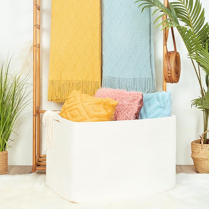 MINTWOOD Design 112L Extra Large Blanket Basket Holder Living Room, 25"x17"x16" Rectangle Rope Woven Storage Basket with Handles for Laundry, Towels, Shoes, Dog Toy Organizer Bin Box, Creamy White - Image 2