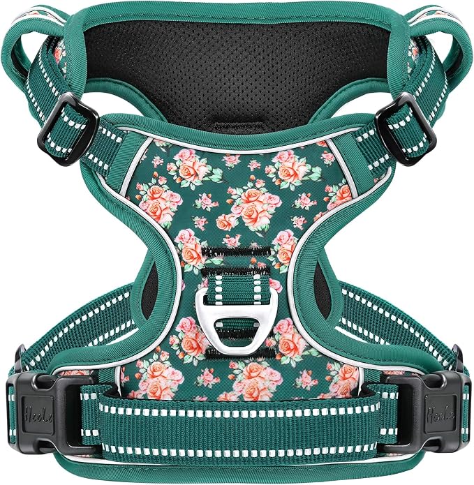HEELE Large Dog Harness, Reflective, No Pull No Choke, Flower Grass Green L | Front Clip for Large Dog Harness, 2 Metal Rings with Handle, Adjustable, Soft Breathable Padded Pet Vest for Night Walking by HEELE