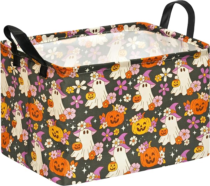 Halloween Pumpkin Ghost Storage Basket, Foldable Toy Organizer Bin | Halloween Pumpkin & Ghost Design with Cotton Linen Fabric, Waterproof Lining, Leather Handles and Foldable Storage Style by Unknown
