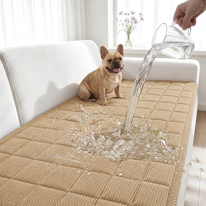 Fixwal Waterproof Corduroy Dog Couch Cover, 27.6" x 59", Coffee | Integrated TPU Barrier, Non-Slip Backing, Machine Washable, Pet Friendly, Easy Clean Pet Hair, Soft Sofa Cushion Protector by Fixwal