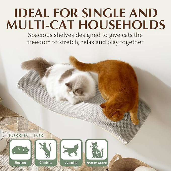 Extra Large 35.4” × 11.6” Stylish Cat Wall Shelves with Soft Cushion, Modern Wall-Mounted Cat Tree Furniture & Perch, Sturdy/Hidden Mounts, Machine Wash Cover, Sleek Design- CALLICO HAVEN Wave S-Shape - Image 3