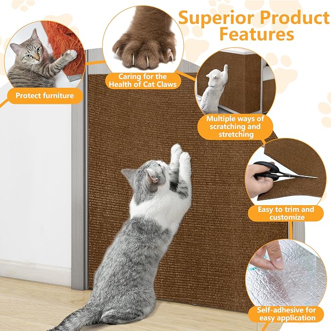 Cat Scratch Pad for Wall, Scratch Furniture Protector(39.3”×15.8”) | Cuttable and Adhesive Cat Scratching Mat, Fun Interactive Scratcher (Brown) - Image 3