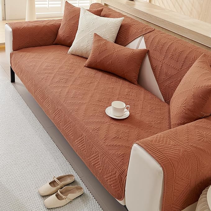 vctops Boho Cotton Quilted Sofa Couch Cover Washable Soft Non Slip Sectional Couch Covers Floral Embroidery Sofa Slipcover for Dogs, Children, Pets Furniture Protector (Orange,28"x70") - Image 5