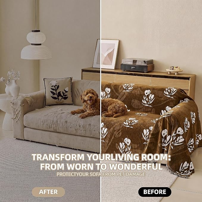 Couch Cover for Dogs Washable Sofa Cover, Sectional Couch Covers, Sofa Covers for 2 Cushion Couch, Non Slip Stripe Sofa Slipcovers Furniture Protector (Floral ‌Brown 71x150) - Image 4