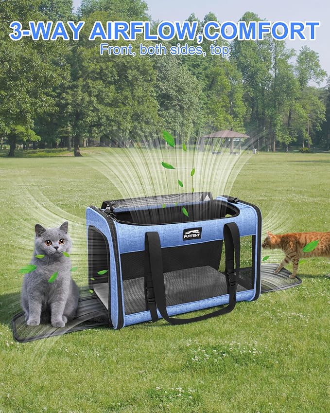 Soft-Sided Large Cat Carrier for 2 Cats, Spacious Foldable Pet Travel Carrier for Large Cats up to 25 Lbs, Double Cat Bag with Shoulder Strap, 20x13x13 Inch, Fits Maine Coon and Small Dogs, Blue | Spacious 20×13×13 in design with reinforced frame for o... - Image 6
