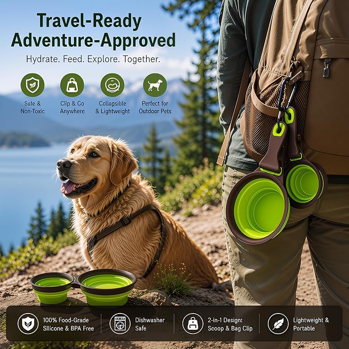 Collapsible Dog Bowls (2 Pack) - Portable Silicone Pet Food Scoop & Measuring Cups with Bag Clip, Travel Dog Feeding Bowl Set with Premium Gift Box, Green - Image 4