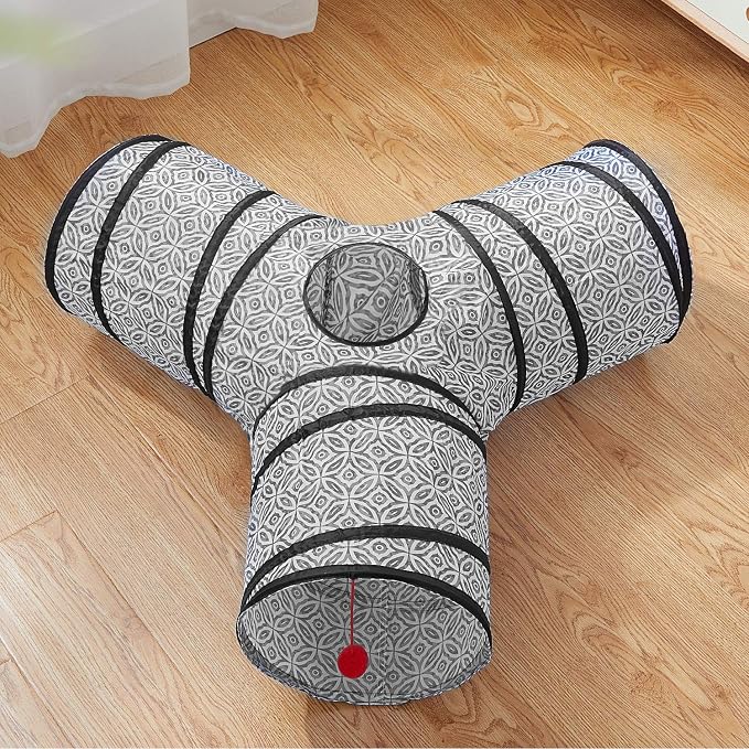 Tempcore Cat Tunnel for Indoor Cats, 3 Way Collapsible Pet Play Tunnel with Teaser Wand, Peek Holes & Hanging Ball, Interactive Tube for Kittens & Rabbits, Grey Coin - Image 2