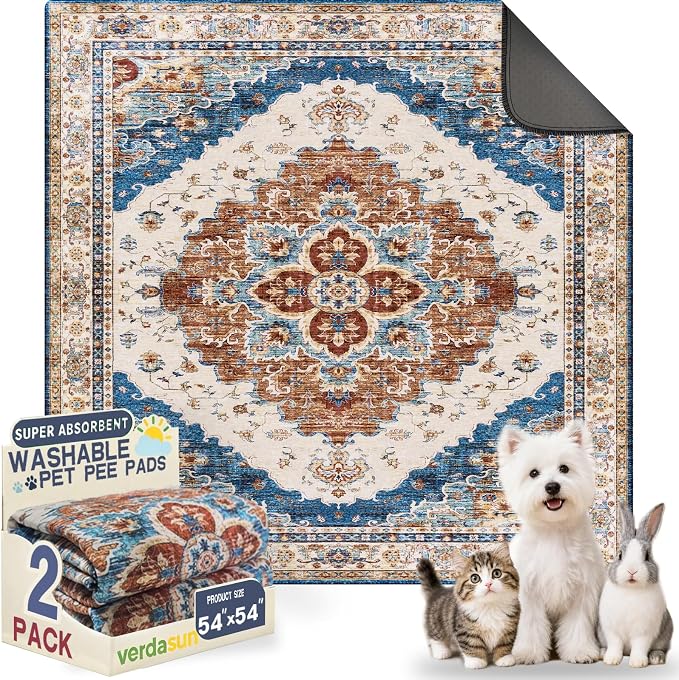 Washable Pee Pads for Dogs, Reusable Puppy Potty Training Pads, Ultra-Absorbent Thick Waterproof Leak-Proof Non-Slip Pads & Mat for Crate, Playpen, Floor, Whelping & Housebreaking , 2 Pack 54"x54" by Verdasun