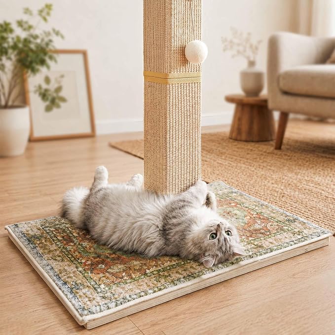 Tall Cat Scratching Post for Indoor Cats Adults with Carpet, Green | 33 Inch, Large Cat Post with Perch, Heavy Duty&Stable, Sisal Rope, Cute Cat Scratcher with Boho Carpet & Dangling Ball Toys - Image 4