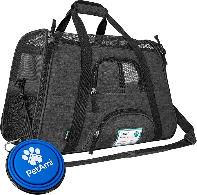 PetAmi Airline Approved Pet Carrier Cats Small Dogs, Large Heather Charcoal | Soft Sided TSA Travel Bag, Sherpa Bed, Breathable Mesh Ventilation, Collapsible Bowl, Fits Under Seat, Up to 18 lbs by PetAmi