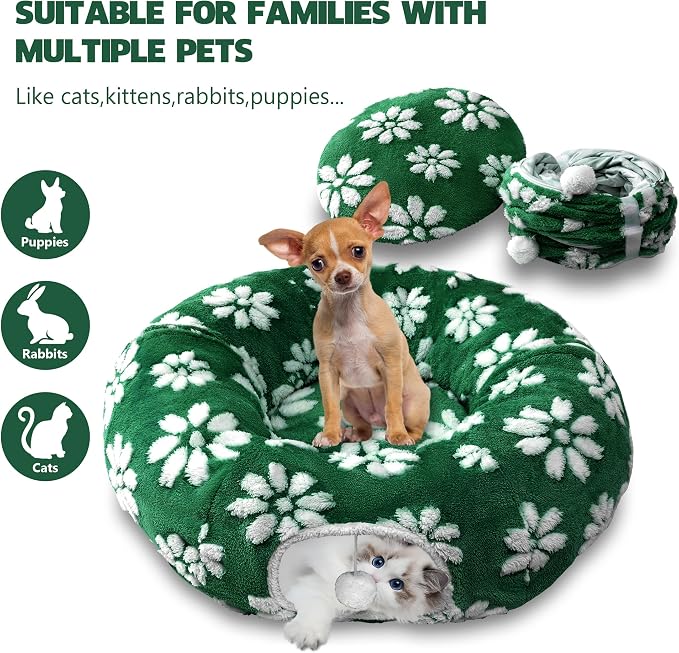 Cute Round Cat Tunnel for Indoor Cats, Green Flower | Peekaboo Cat Cave with Dangling Balls, Pet Donut Tunnel Bed with Circle Mat for Puppy Kitten Rabbit - Image 4