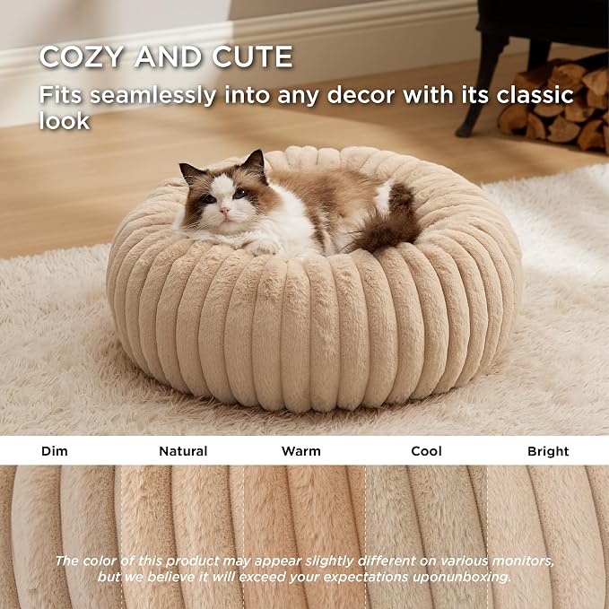 Bedsure ComfyFleece™ Donut Cat Bed for Indoor Cats with Washable Cover | 20x20x6in, Calming Round Kitten Beds,Support Plush Puppy Bed, Removable Corduroy Fleece,Anti Slip Bottom,Sandy Beige - Image 4