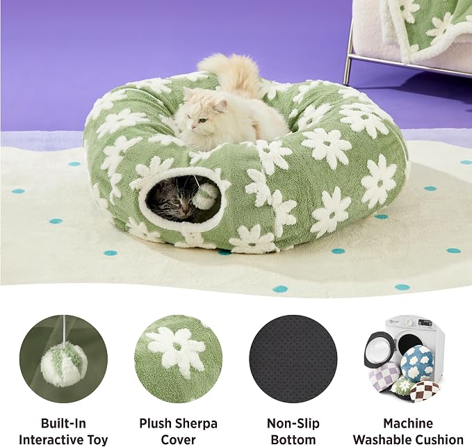 Lesure Donut Cute Jacquard Cat Tunnel Bed Kitten Toys for Puppy Bunny | 33.5x33.5x10in,Round Cat Bed Tube for Indoor Cats Rabbit Dog,Pet Peekaboo Cave Toy,Spiral Hideaway,Washable Cushion,Green - Image 3