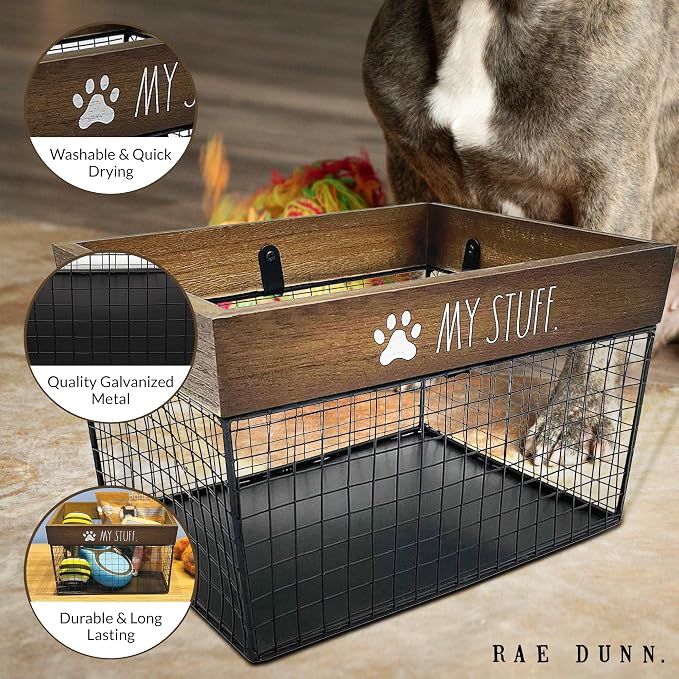 Rae Dunn Pet Toy Basket - Metal & Wood Dog & Cat Toy Storage Bin - Organizer for Leash, Blanket, Treats, Food & Accessories - Container Baskets, 9.75" x 8" x 6" - Image 3