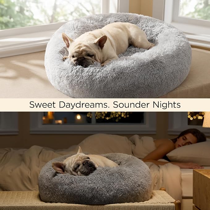 Bedsure Calming Cat Beds Donut Round Washable Kitten Bed,20 inches | Fluffy Faux Fur Cuddler,Anti-Slip Bottom,Anti-Anxiety,Deep Sleeping for Cats&Small Pets Up to 15 Lbs,Pale Grey - Image 4