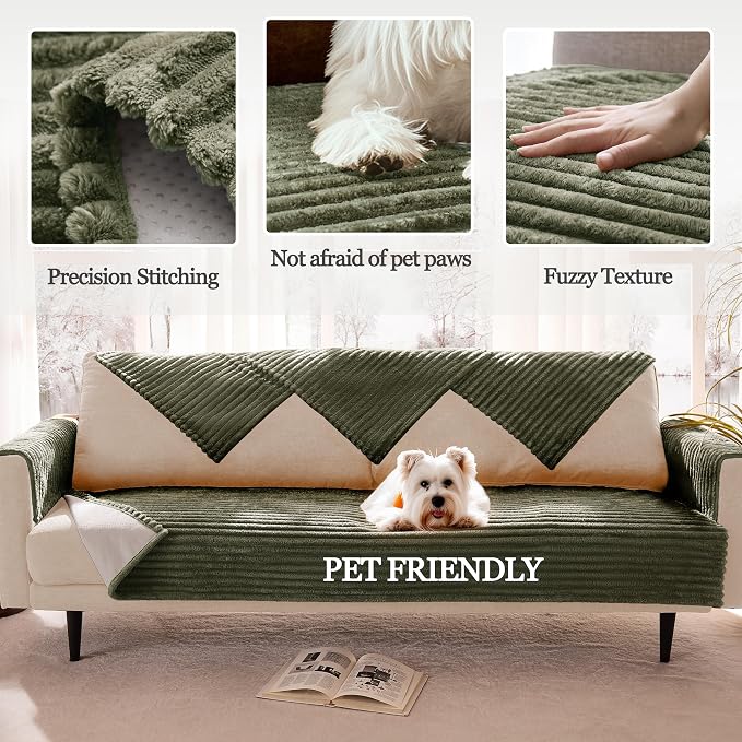 Dual Non-Slip Couch Cover for Dogs Waterproof, Fuzzy Soft Pet Couch Covers for Sofa 3 Cushion, Pet Friendly Soft Dog Bed Covers Sofa Cover Washable (Sage Green, 33" x 95" 1 Pack) - Image 4