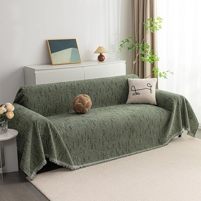 MYSKY HOME Boho Couch Cover Moss Green Sofa Covers with Tassel Farmhouse Sofa Slipcover Simple Couch Protector for Dogs Chenille Sectional Couch Covers L Shaped Couch Cushion Covers, 91"x 134" by MYSKYHOME