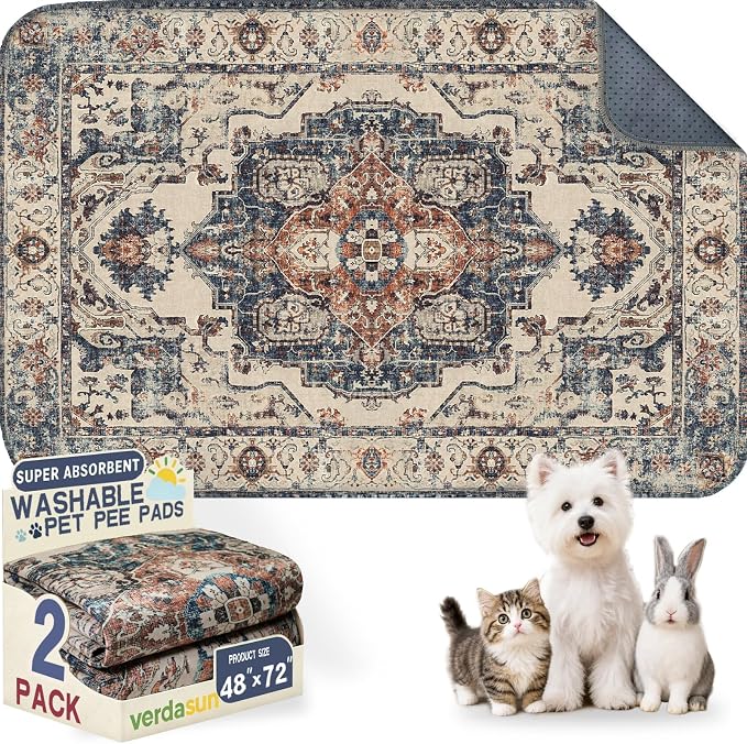 Washable Pee Pads for Dogs, Reusable Puppy Potty Training Pads, Ultra-Absorbent Thick Waterproof Leak-Proof Non-Slip Pads & Mat for Crate, Playpen, Floor, Whelping & Housebreaking , 2 Pack 48"x72" by Verdasun