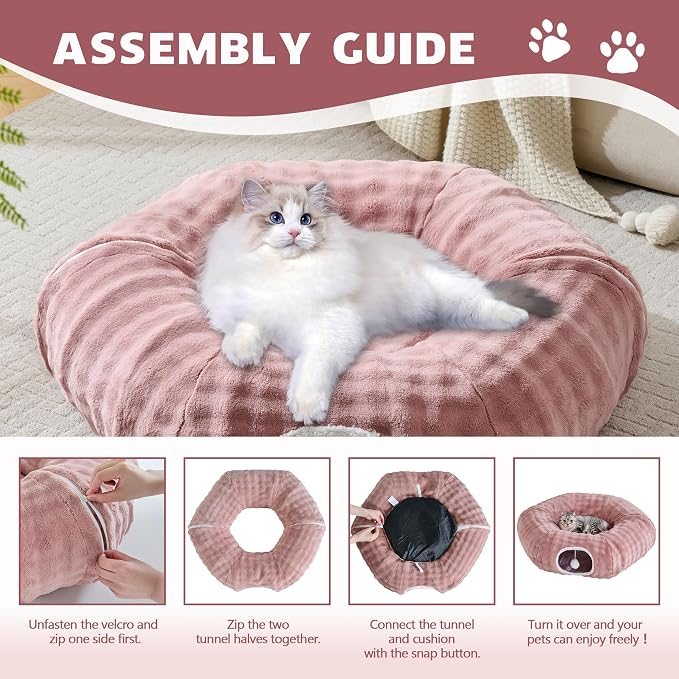 Bubble Round Cat Tunnel for Indoor Cats, Dusty Pink | Peekaboo Cave Toy with Dangling Balls, Donut Tunnel Bed with Circle Mat for Puppy Kitten Rabbit - Image 7