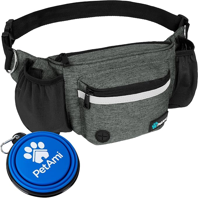 PetAmi Dog Fanny Pack, Treat Pouch for Dog Walking Training, Dark Gray | Built in Poop Bag Dispenser, Water Bottle Holder, Collapsible Bowl, Pet Treat Waist Belt for Hiking Running Kibbles by PetAmi