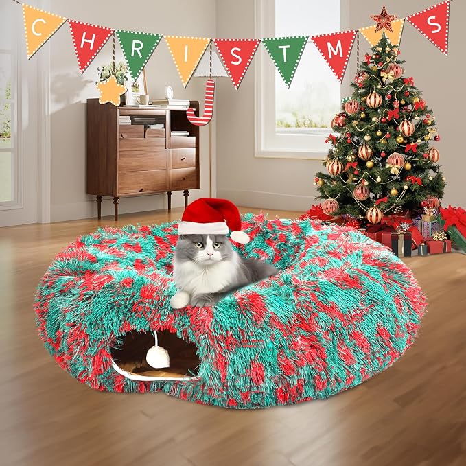 Warm Fluffy Plush Cat Tunnel Bed Under Christmas Tree Big Tube Playground Toys 3 FT Diameter Longer Crinkle Collapsible 3 Way, for Indoor Cat Kitty Kitten Puppy Rabbit Ferret Green-Red - Image 5