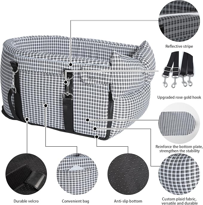 Center Console Dog Car Seat Dog Bed for Car Console Portable Armrest Booster Seat Carrier for Small Medium Dogs Anti-Collapse for Puppy Pet Up to 15 Lbs（Grid Black） - Image 7