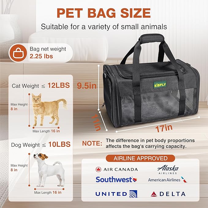 Airline Approved Cat Carrier 17"x11"x9.5", Under Seat Pet Travel Bag | TSA-friendly soft carrier with breathable mesh, top opening and foldable design. Fits cats up to 12 lbs for cabin travel. - Image 5