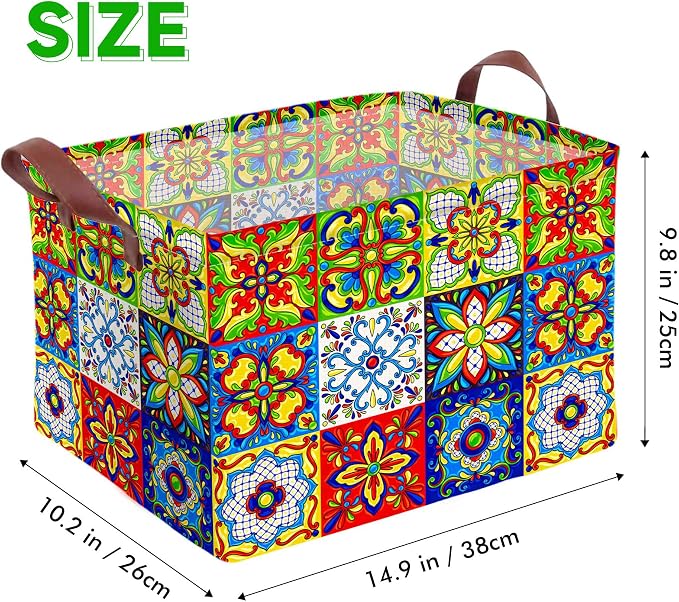 Mexican Talavera Decoration Storage Basket Waterproof Canvas Toy Storage Bin Collapsible Outdoor Basket with Leather Handles Mexican Talavera Decor Blanket Baskets For Closets,Bedrooms,Gifts Baskets - Image 2