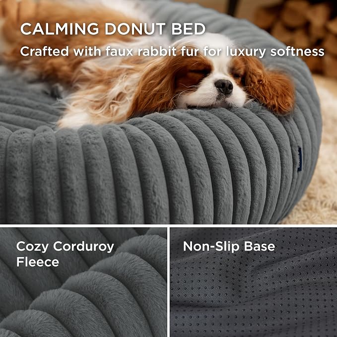Bedsure ComfyFleece™ Donut Small Dog Bed with Removable Washable Cover | 27x27x8in, Calming Round Cat Beds for Indoor Cats, Support Plush Puppy Bed, Corduroy Fleece,Anti Slip Bottom,Warm Grey - Image 3
