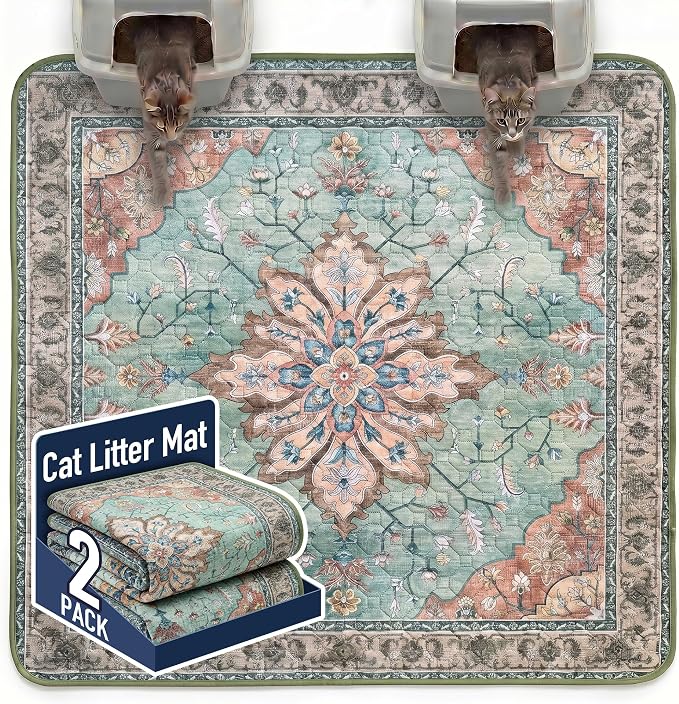 Hompet Cat Litter Mat 2 Pack, 72x72 Large Machine Washable Trapping Mats for Cats, Super Absorbent & Urine-Proof Cat Litter Box Mat for Floor, Waterproof & Non Slip Kitty Litter Rug by Hompet