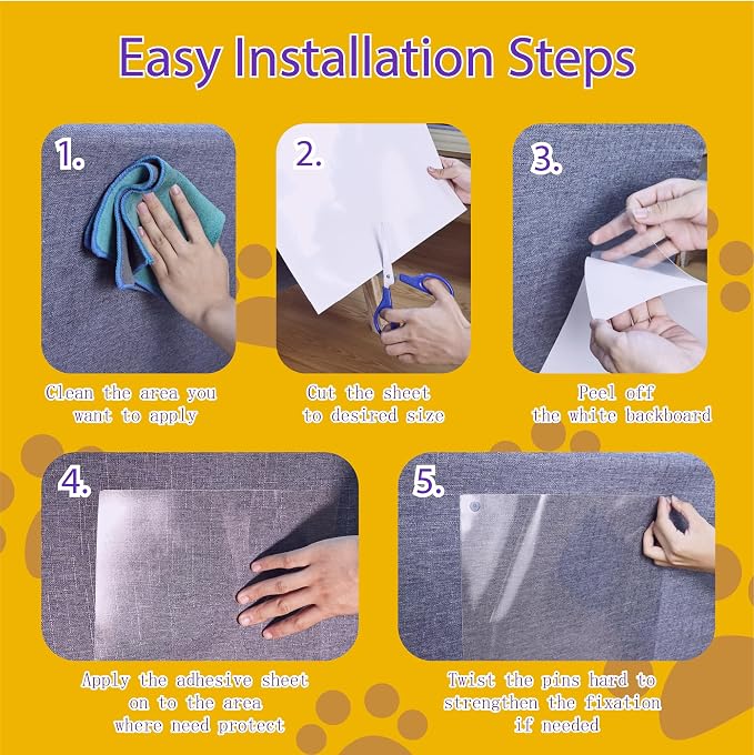 Anti-Cat Scratch Furniture Protector-6-Pack –Single-Sided, Heavy-Duty Self-Adhesive Tape, No-Residue for Couch, Doors & Walls - with 32 Twist Pins - Image 5