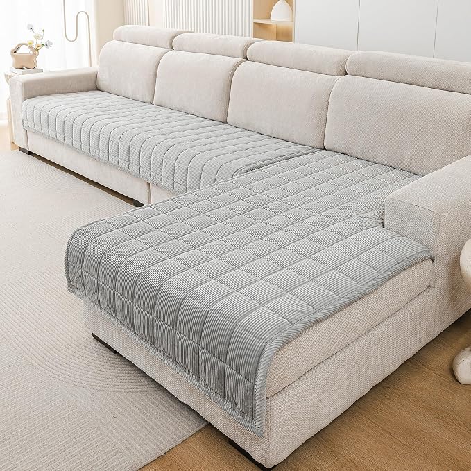 Couch Covers for Sectional Sofa, L Shaped Modular Couch Cover | 35”x83” Light Grey Velvet Non Slip Sofa Covers Washable for 3 Cushion Sofa, Couch Protect Against Pet Hair, Scratches Stains - Image 2