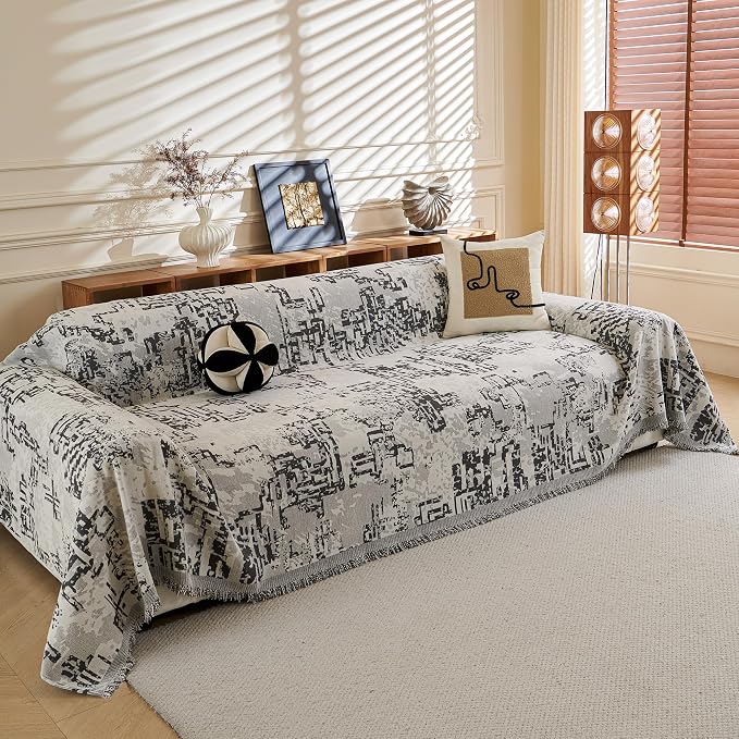 MYSKY HOME Boho Couch Cover Sofa Covers, Couch Covers for 2 Cushion Couch Sofa, Chenille L Shape Sectional Couch Cover- Pet-Friendly, Machine Washable, Sofa Protector for Kid, 71"x118", Dark Grey Maze - Image 2