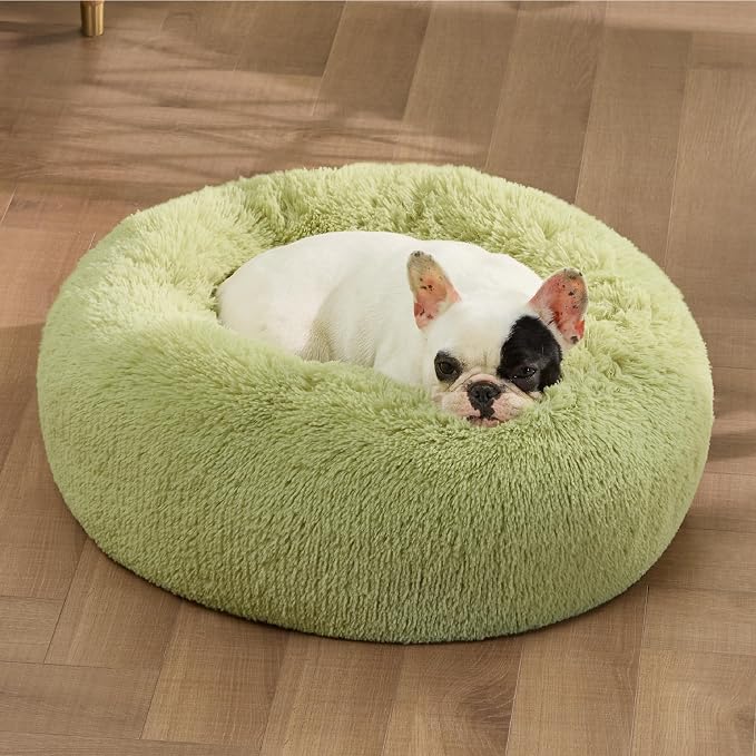 Bedsure Calming Small Dog Bed Donut Washable Cat＆Puppy Bed,23 inches Green | Fluffy Faux Fur Round Cuddler,Machine Washable,Anti-Slip Bottom,Anti-Anxiety,Deep Sleeping for Large Cat & Pets Up to 25 Lbs - Image 4